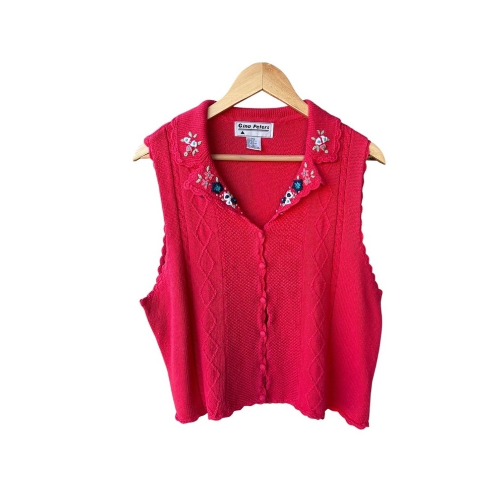 Gina Peters Top Blouse Vintage Red Embroidered Floral Knit Vest Sleeveless XL